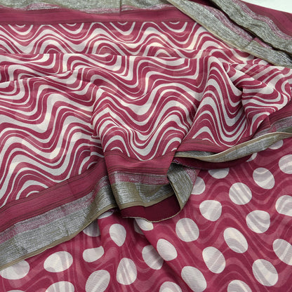 Indian Vintage Pure Chiffon Silk Saree | Printed Abstract Design | 5 Yards | Sheer Soft Fabric for Sewing, Dressmaking, Craft Projects