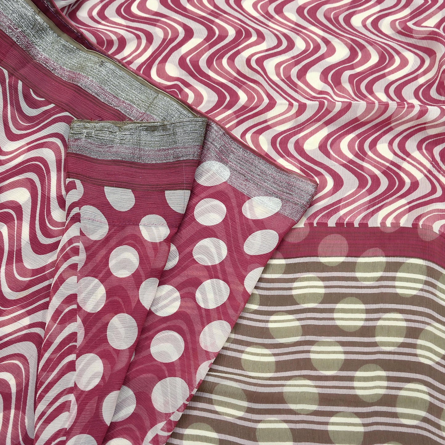 Indian Vintage Pure Chiffon Silk Saree | Printed Abstract Design | 5 Yards | Sheer Soft Fabric for Sewing, Dressmaking, Craft Projects