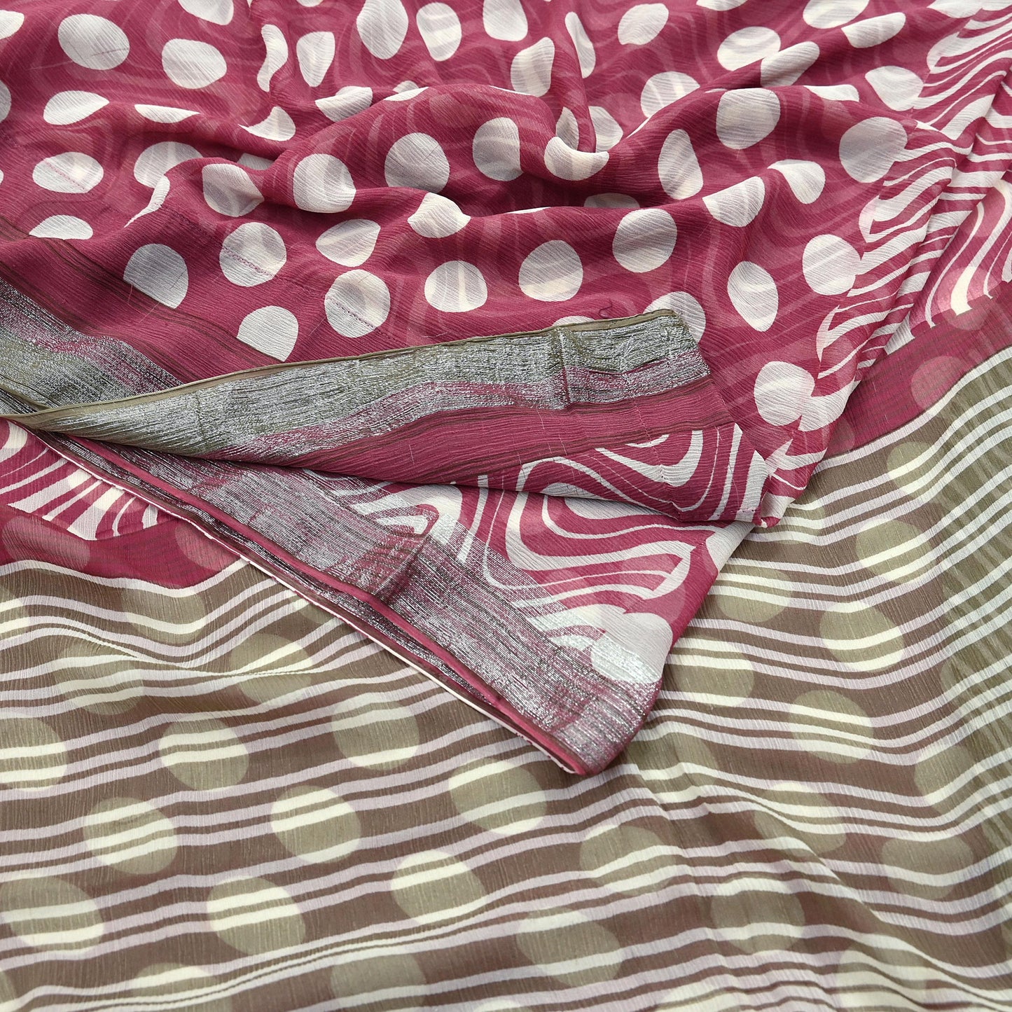 Indian Vintage Pure Chiffon Silk Saree | Printed Abstract Design | 5 Yards | Sheer Soft Fabric for Sewing, Dressmaking, Craft Projects