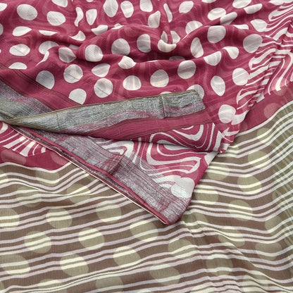 Indian Vintage Pure Chiffon Silk Saree | Printed Abstract Design | 5 Yards | Sheer Soft Fabric for Sewing, Dressmaking, Craft Projects