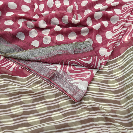 Indian Vintage Pure Chiffon Silk Saree | Printed Abstract Design | 5 Yards | Sheer Soft Fabric for Sewing, Dressmaking, Craft Projects