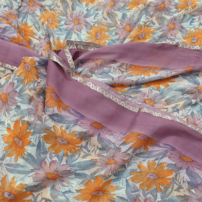 Indian Vintage Pure Chiffon Silk Saree | Printed Floral Design | 5 Yards | Sheer Soft Fabric for Sewing, Dressmaking, Craft Projects, Zari