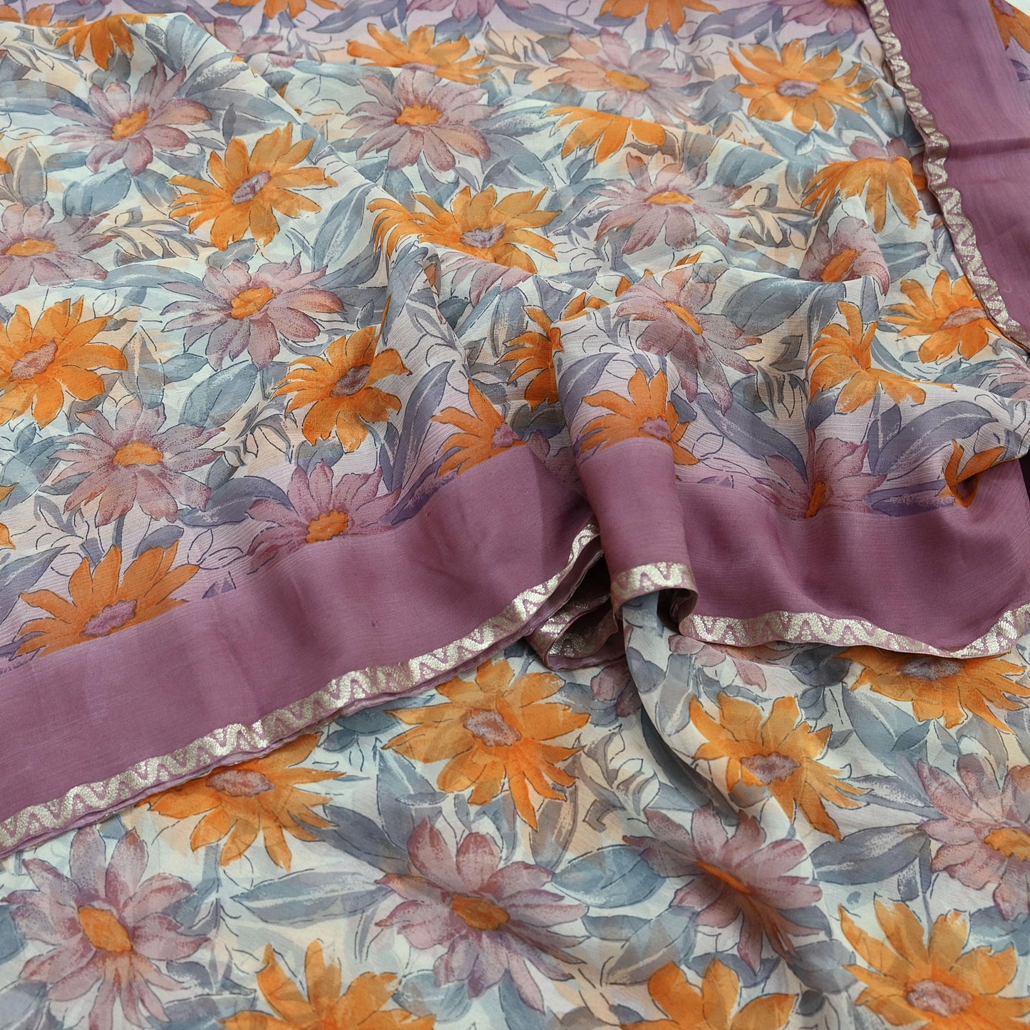 Indian Vintage Pure Chiffon Silk Saree | Printed Floral Design | 5 Yards | Sheer Soft Fabric for Sewing, Dressmaking, Craft Projects, Zari