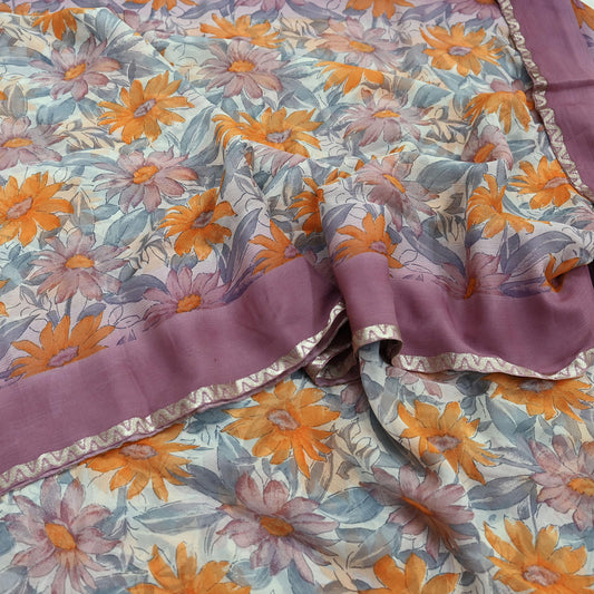 Indian Vintage Pure Chiffon Silk Saree | Printed Floral Design | 5 Yards | Sheer Soft Fabric for Sewing, Dressmaking, Craft Projects, Zari