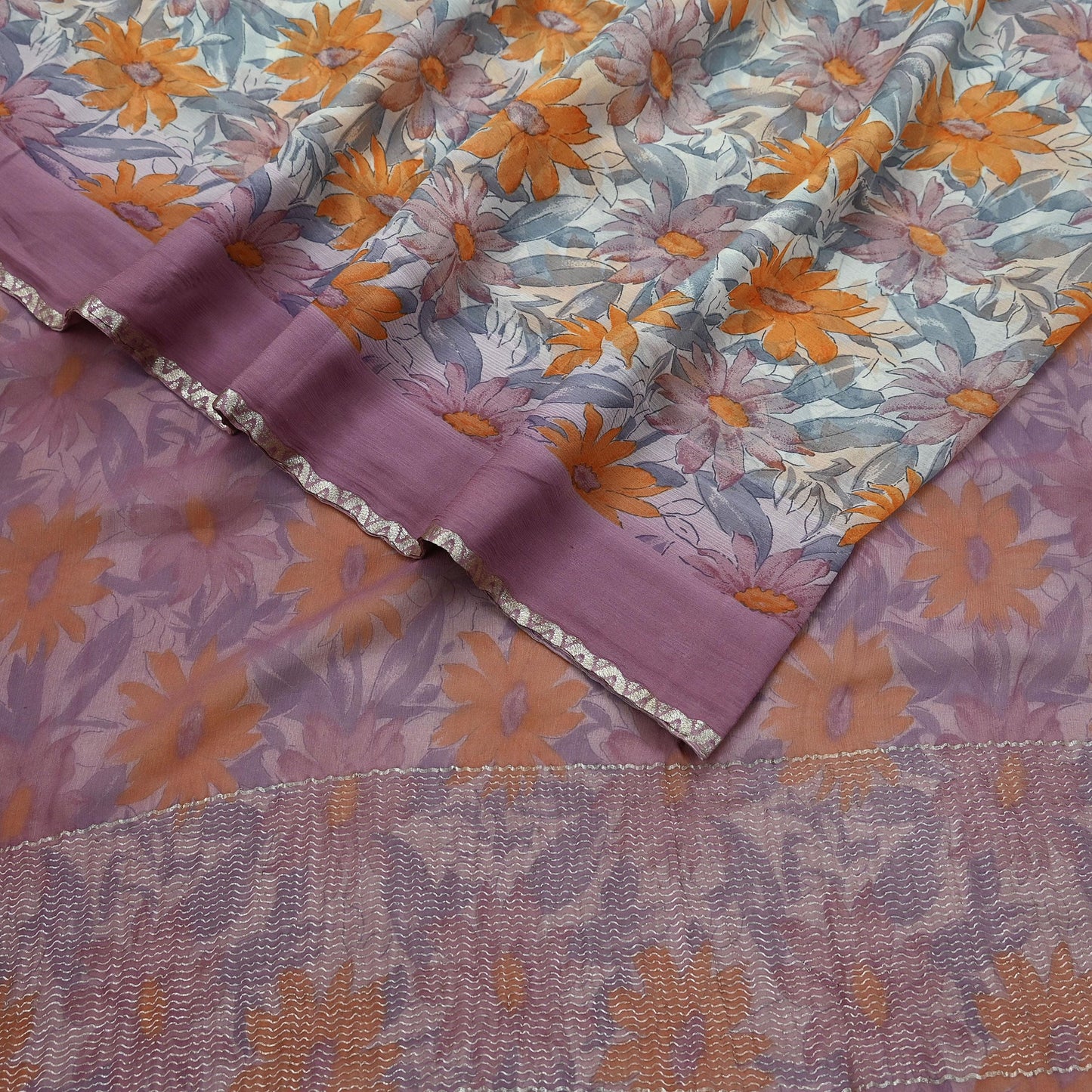 Indian Vintage Pure Chiffon Silk Saree | Printed Floral Design | 5 Yards | Sheer Soft Fabric for Sewing, Dressmaking, Craft Projects, Zari