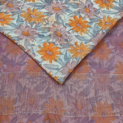 Indian Vintage Pure Chiffon Silk Saree | Printed Floral Design | 5 Yards | Sheer Soft Fabric for Sewing, Dressmaking, Craft Projects, Zari