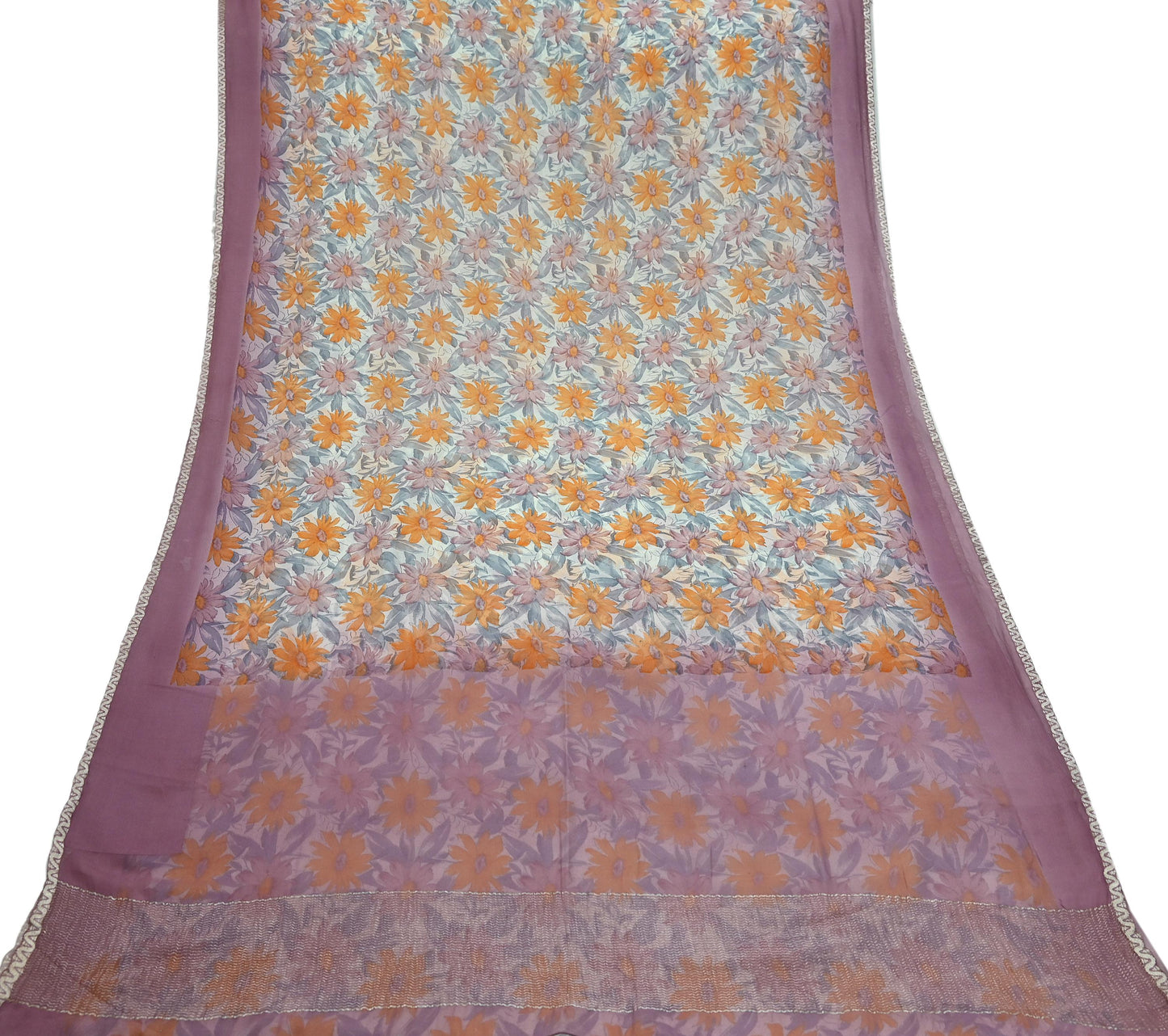 Indian Vintage Pure Chiffon Silk Saree | Printed Floral Design | 5 Yards | Sheer Soft Fabric for Sewing, Dressmaking, Craft Projects, Zari