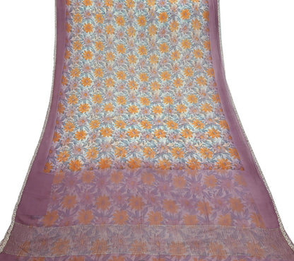 Indian Vintage Pure Chiffon Silk Saree | Printed Floral Design | 5 Yards | Sheer Soft Fabric for Sewing, Dressmaking, Craft Projects, Zari