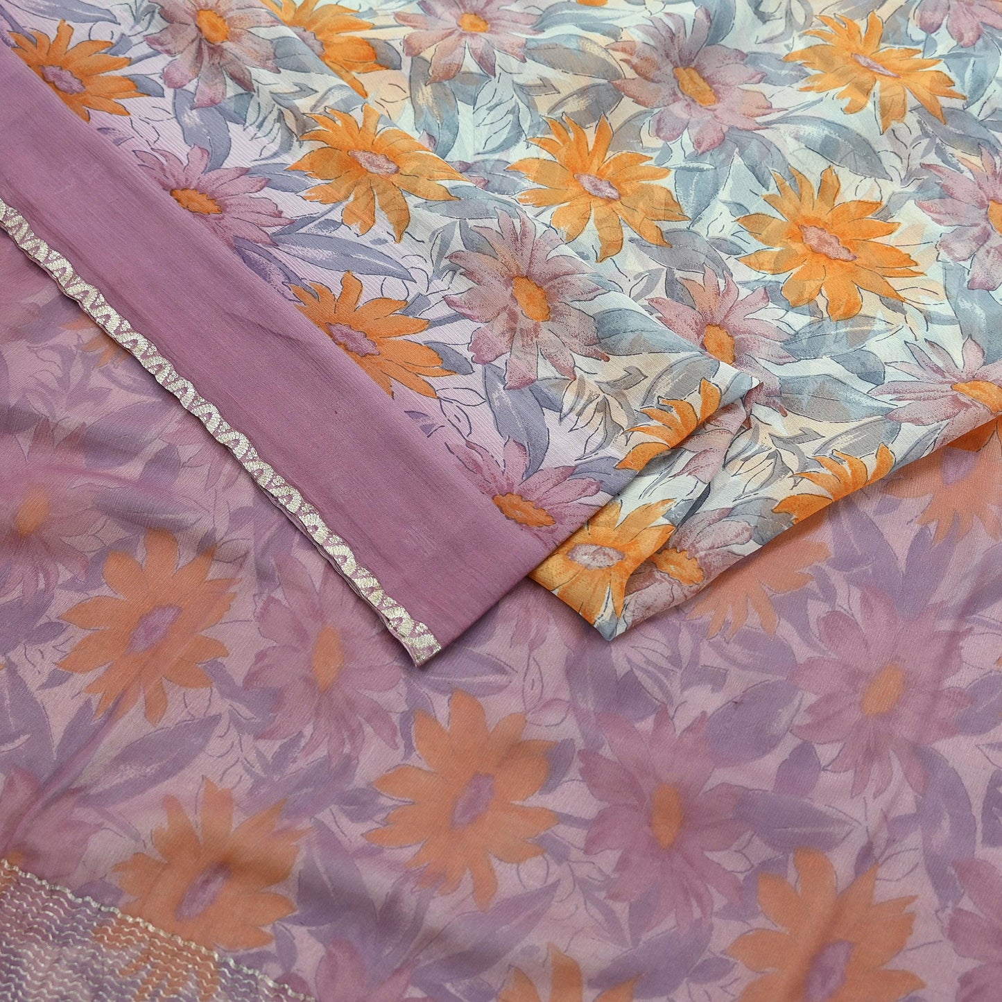 Indian Vintage Pure Chiffon Silk Saree | Printed Floral Design | 5 Yards | Sheer Soft Fabric for Sewing, Dressmaking, Craft Projects, Zari