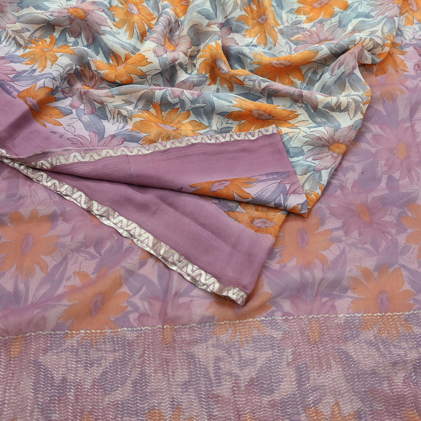Indian Vintage Pure Chiffon Silk Saree | Printed Floral Design | 5 Yards | Sheer Soft Fabric for Sewing, Dressmaking, Craft Projects, Zari