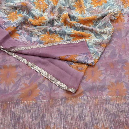Indian Vintage Pure Chiffon Silk Saree | Printed Floral Design | 5 Yards | Sheer Soft Fabric for Sewing, Dressmaking, Craft Projects, Zari
