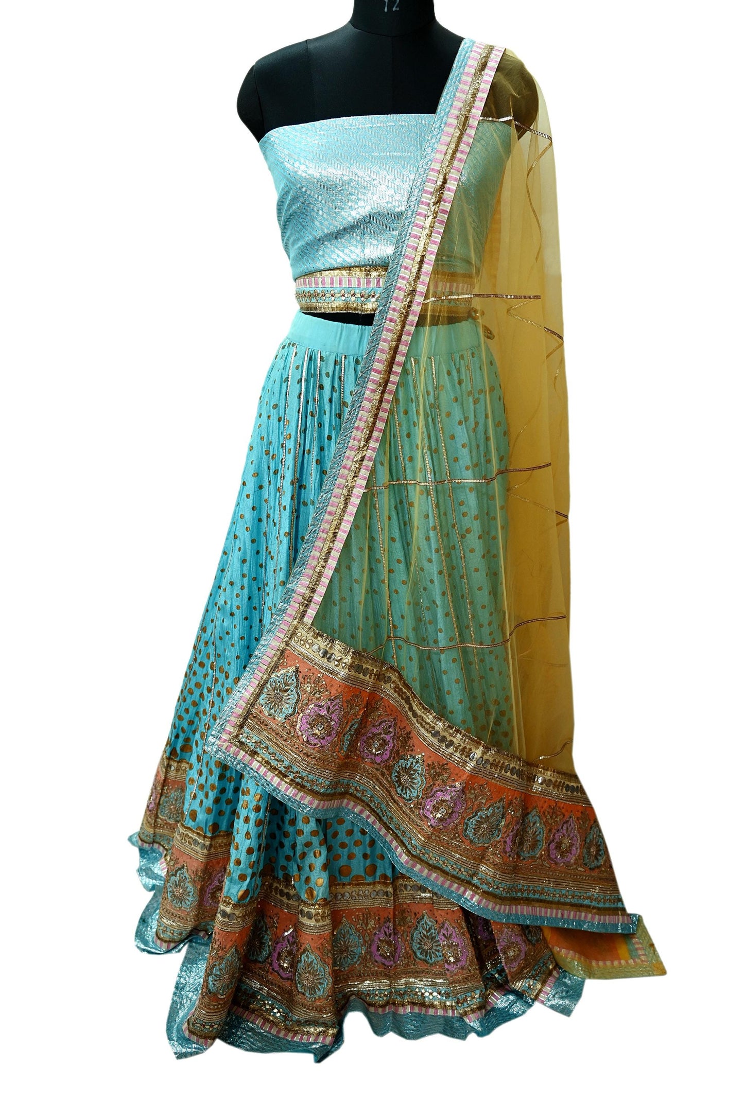 Indian Pre-owned Blue & Yellow Pure Silk Net/Mesh Hand Embroidered Lehenga 3pcs Set Bridal Party Wear With Blouse/Dupatta Bollywood Lehenga