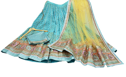Indian Pre-owned Blue & Yellow Pure Silk Net/Mesh Hand Embroidered Lehenga 3pcs Set Bridal Party Wear With Blouse/Dupatta Bollywood Lehenga