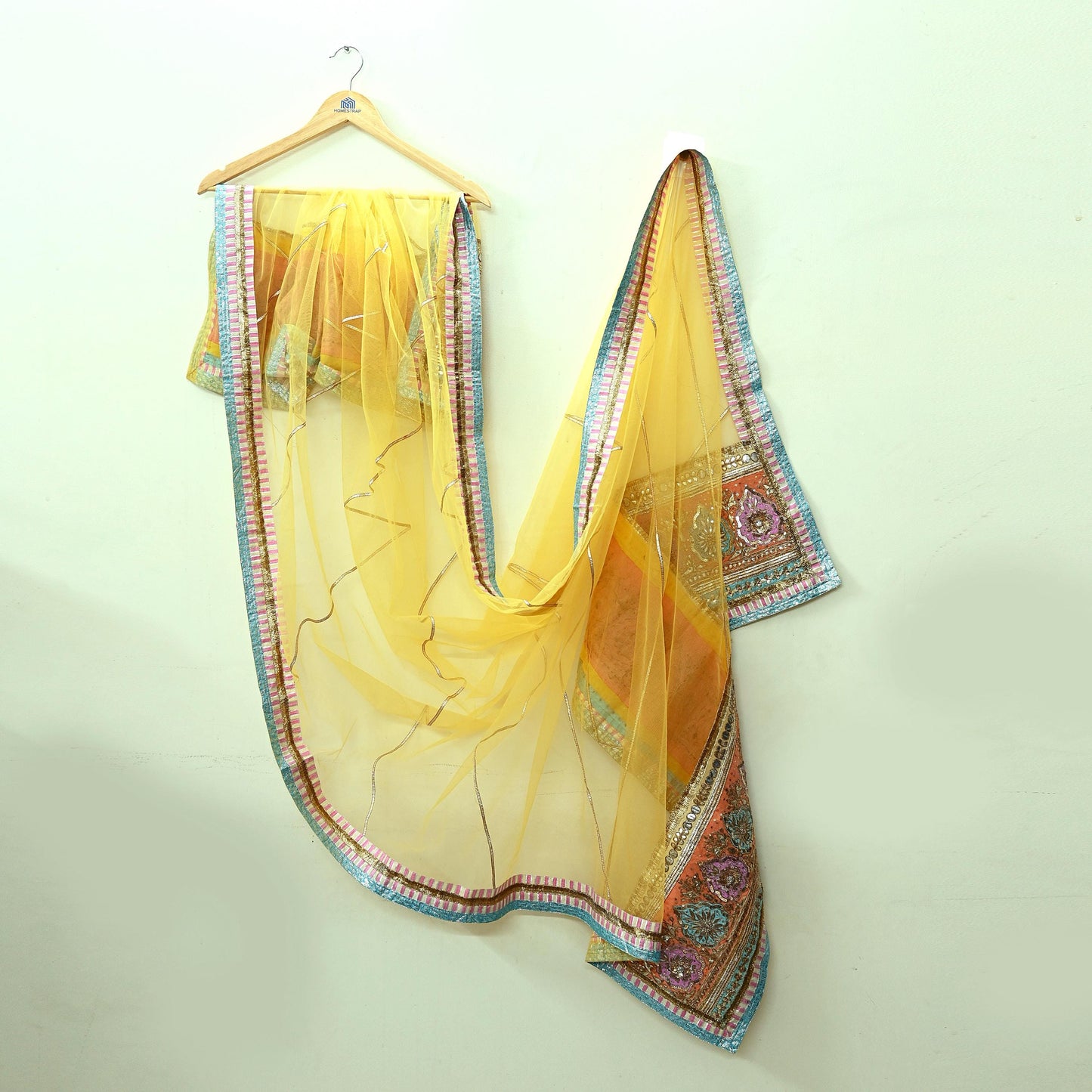 Indian Vintage Heavy Bridal Dupatta Yellow Net Mesh Long Stole Hand Embroidered Scarves Golden Gota Patti Wedding/Party Wear
