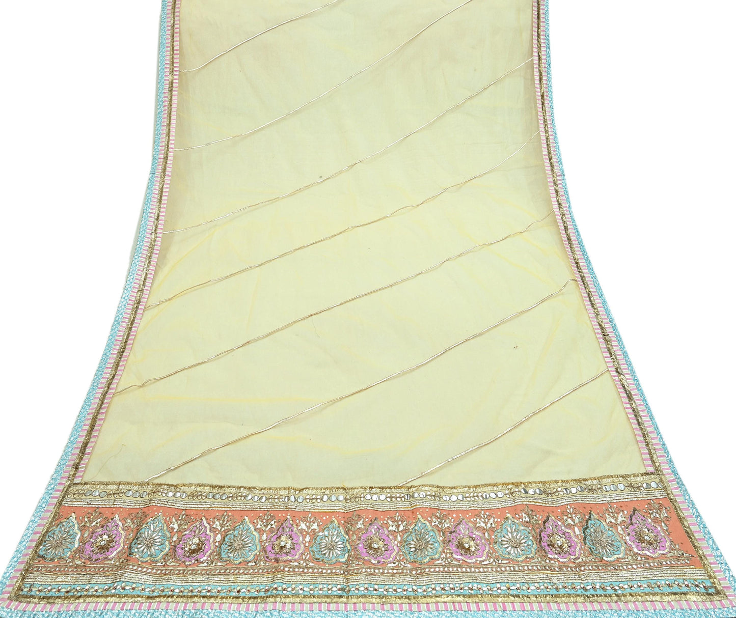 Indian Vintage Heavy Bridal Dupatta Yellow Net Mesh Long Stole Hand Embroidered Scarves Golden Gota Patti Wedding/Party Wear