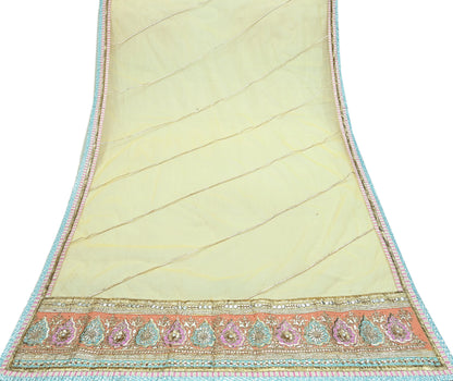 Indian Vintage Heavy Bridal Dupatta Yellow Net Mesh Long Stole Hand Embroidered Scarves Golden Gota Patti Wedding/Party Wear