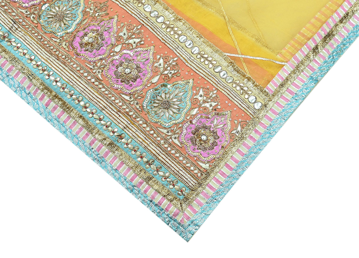 Indian Vintage Heavy Bridal Dupatta Yellow Net Mesh Long Stole Hand Embroidered Scarves Golden Gota Patti Wedding/Party Wear