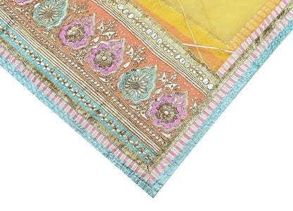 Indian Vintage Heavy Bridal Dupatta Yellow Net Mesh Long Stole Hand Embroidered Scarves Golden Gota Patti Wedding/Party Wear