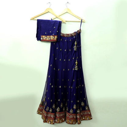 Indian Vintage Purple Net/Mesh Hand Embroidered Lehenga 3pcs Set Bridal Party Wear With Blouse/Dupatta Bollywood Lehenga Zardozi/ Dabka