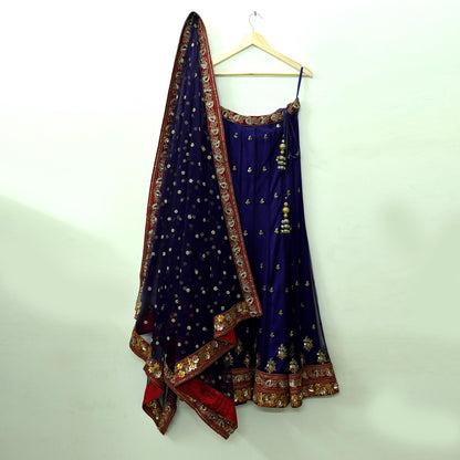 Indian Vintage Purple Net/Mesh Hand Embroidered Lehenga 3pcs Set Bridal Party Wear With Blouse/Dupatta Bollywood Lehenga Zardozi/ Dabka