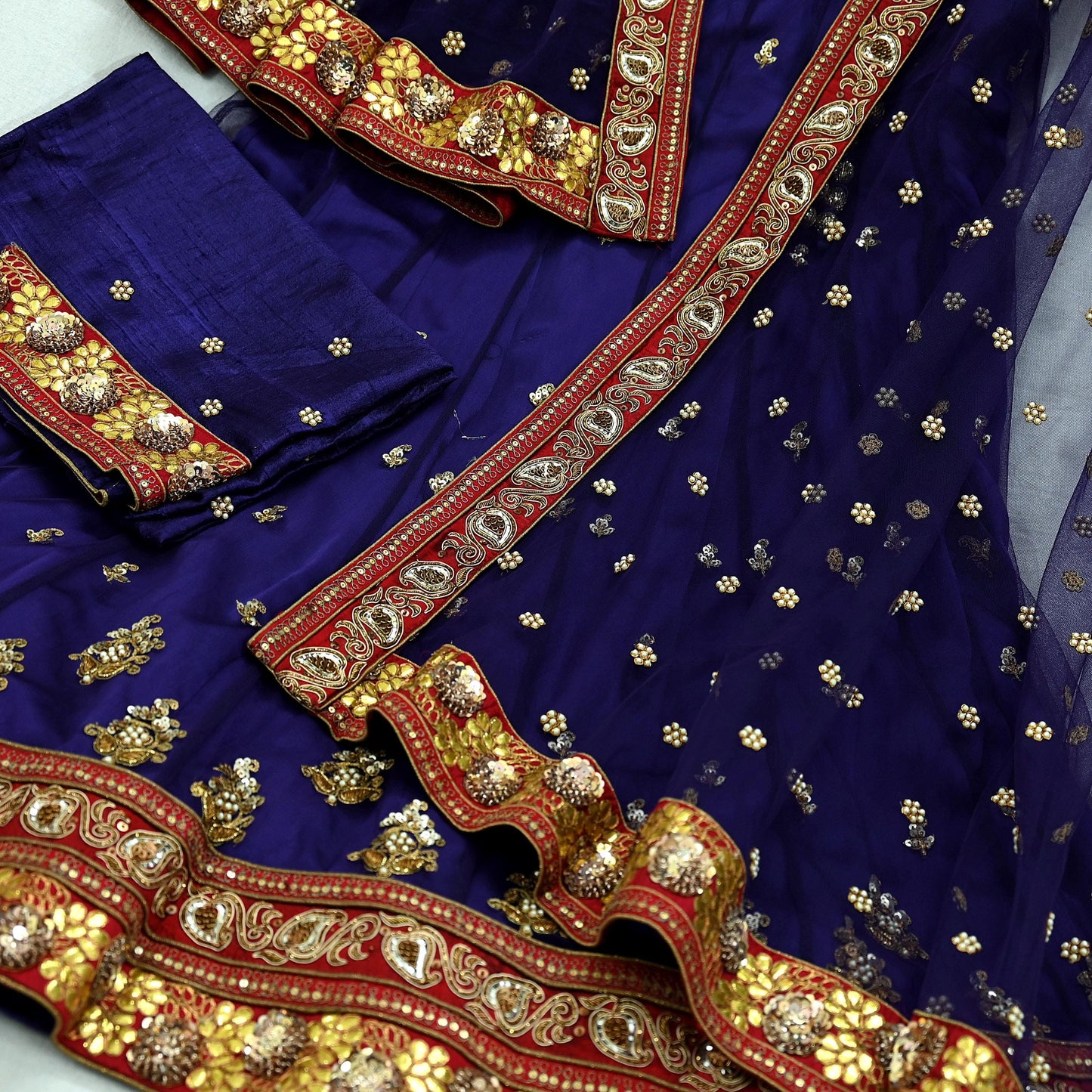 Indian Vintage Purple Net/Mesh Hand Embroidered Lehenga 3pcs Set Bridal Party Wear With Blouse/Dupatta Bollywood Lehenga Zardozi/ Dabka