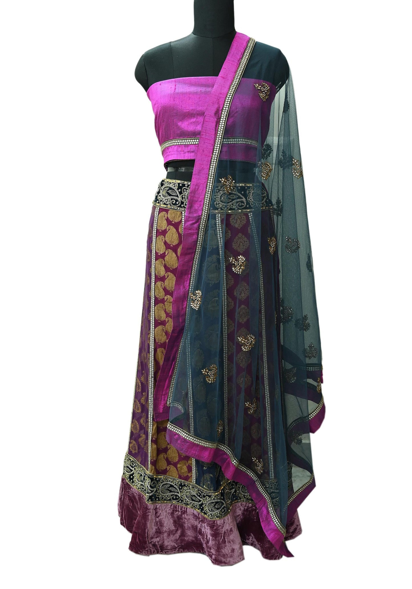 Indian Vintage Multi Pure Georgette Silk Net/Mesh Hand Embroidered Lehenga 3pcs Set Bridal Party Wear With Blouse/Dupatta Bollywood Lehenga