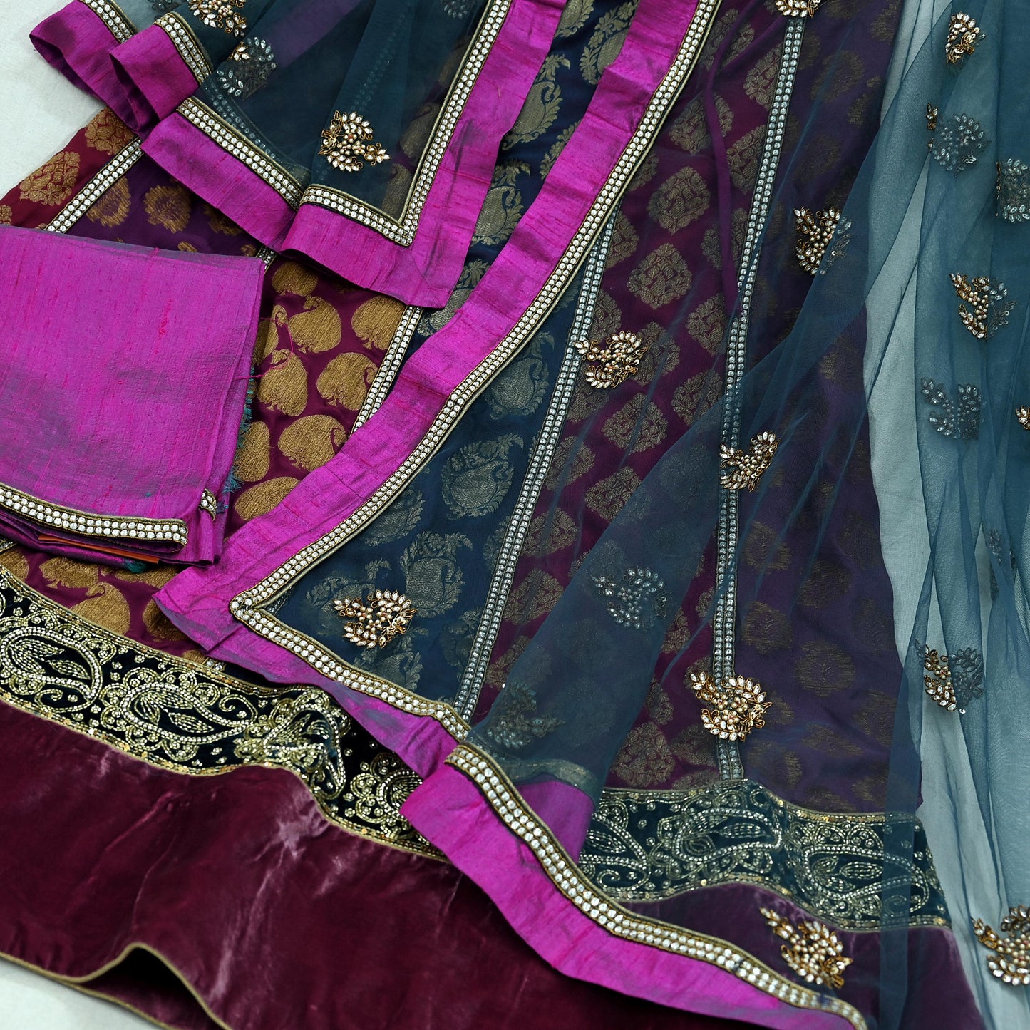 Indian Vintage Multi Pure Georgette Silk Net/Mesh Hand Embroidered Lehenga 3pcs Set Bridal Party Wear With Blouse/Dupatta Bollywood Lehenga