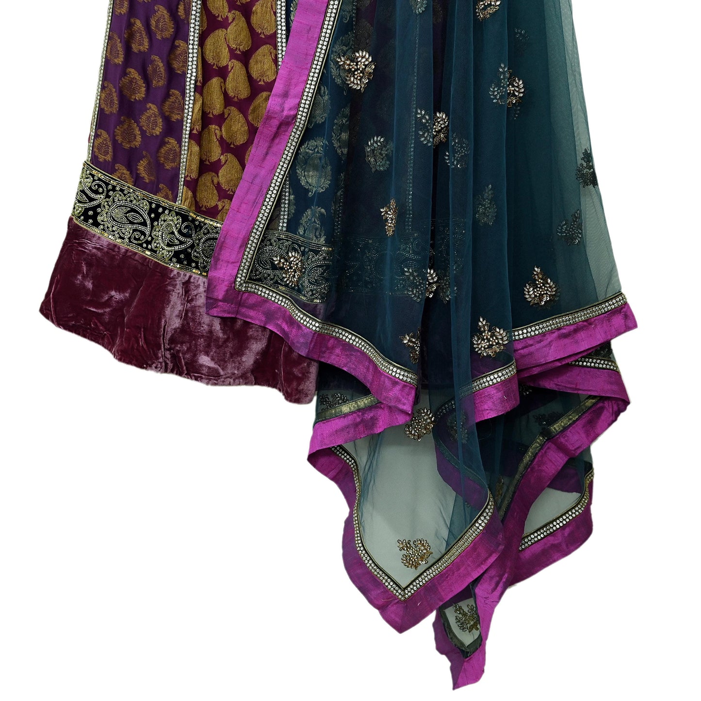Indian Vintage Multi Pure Georgette Silk Net/Mesh Hand Embroidered Lehenga 3pcs Set Bridal Party Wear With Blouse/Dupatta Bollywood Lehenga