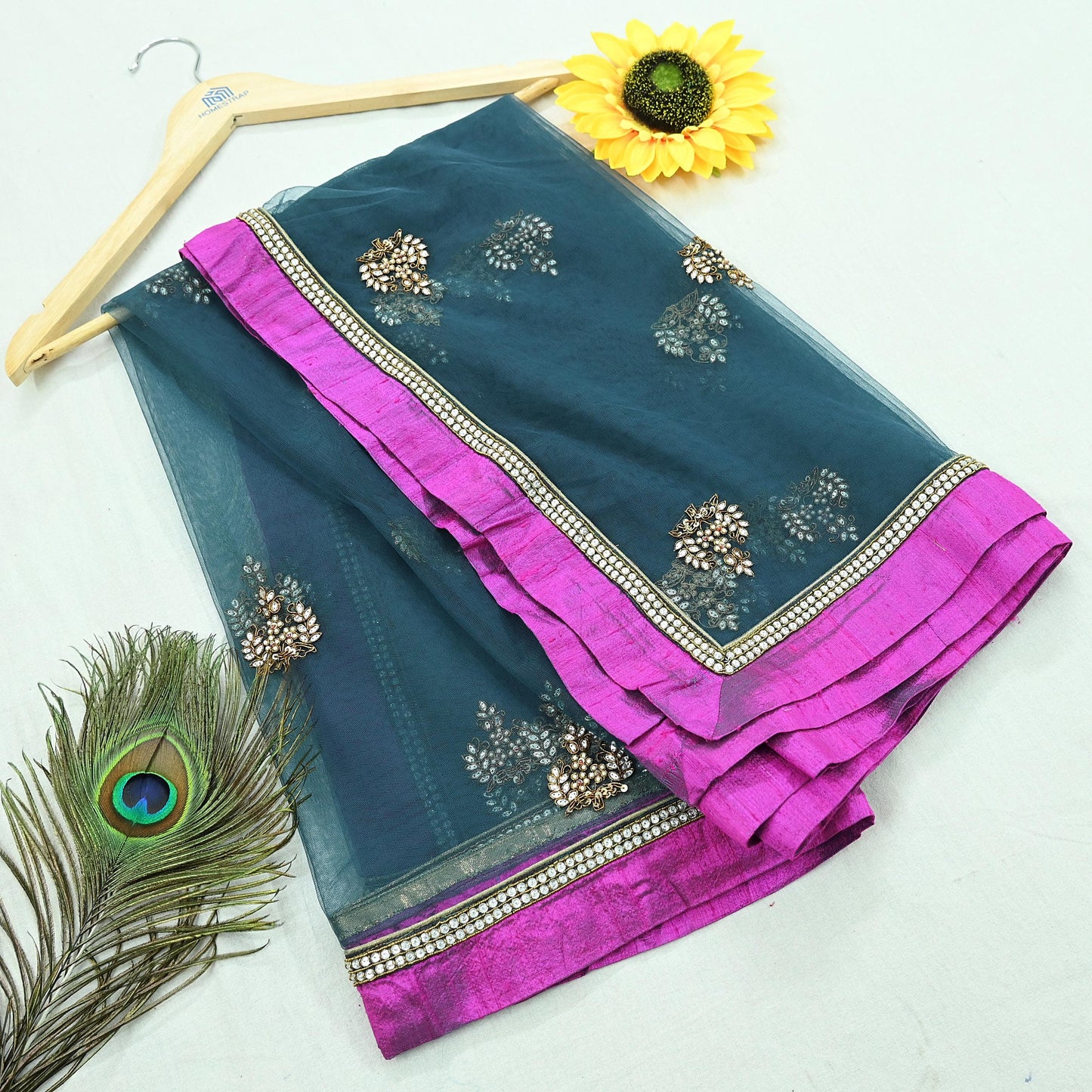 Indian Vintage Heavy Bridal Dupatta Green Net Mesh Long Stole Hand Embroidered Scarves  Patti Wedding/Party Wear