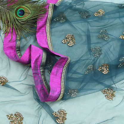 Indian Vintage Heavy Bridal Dupatta Green Net Mesh Long Stole Hand Embroidered Scarves  Patti Wedding/Party Wear