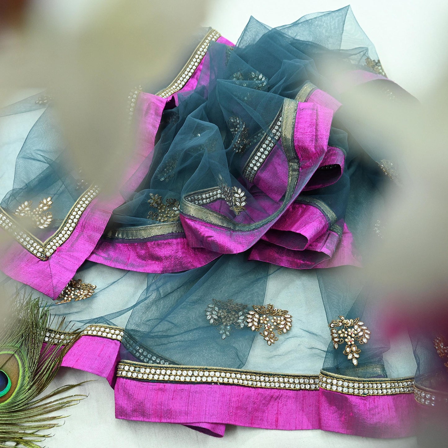 Indian Vintage Heavy Bridal Dupatta Green Net Mesh Long Stole Hand Embroidered Scarves  Patti Wedding/Party Wear