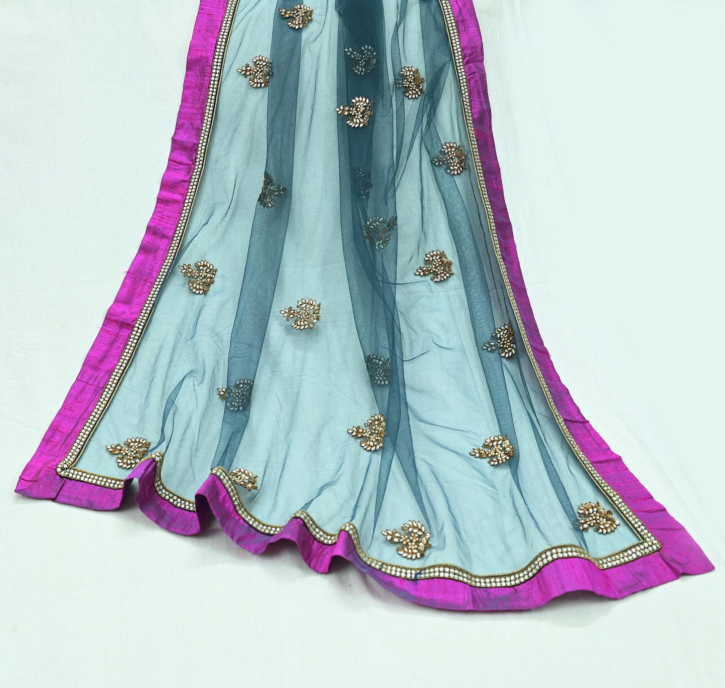 Indian Vintage Heavy Bridal Dupatta Green Net Mesh Long Stole Hand Embroidered Scarves  Patti Wedding/Party Wear