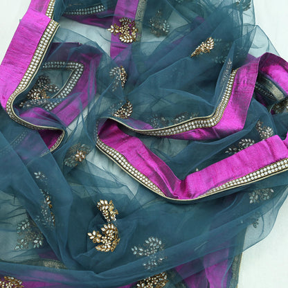 Indian Vintage Heavy Bridal Dupatta Green Net Mesh Long Stole Hand Embroidered Scarves  Patti Wedding/Party Wear