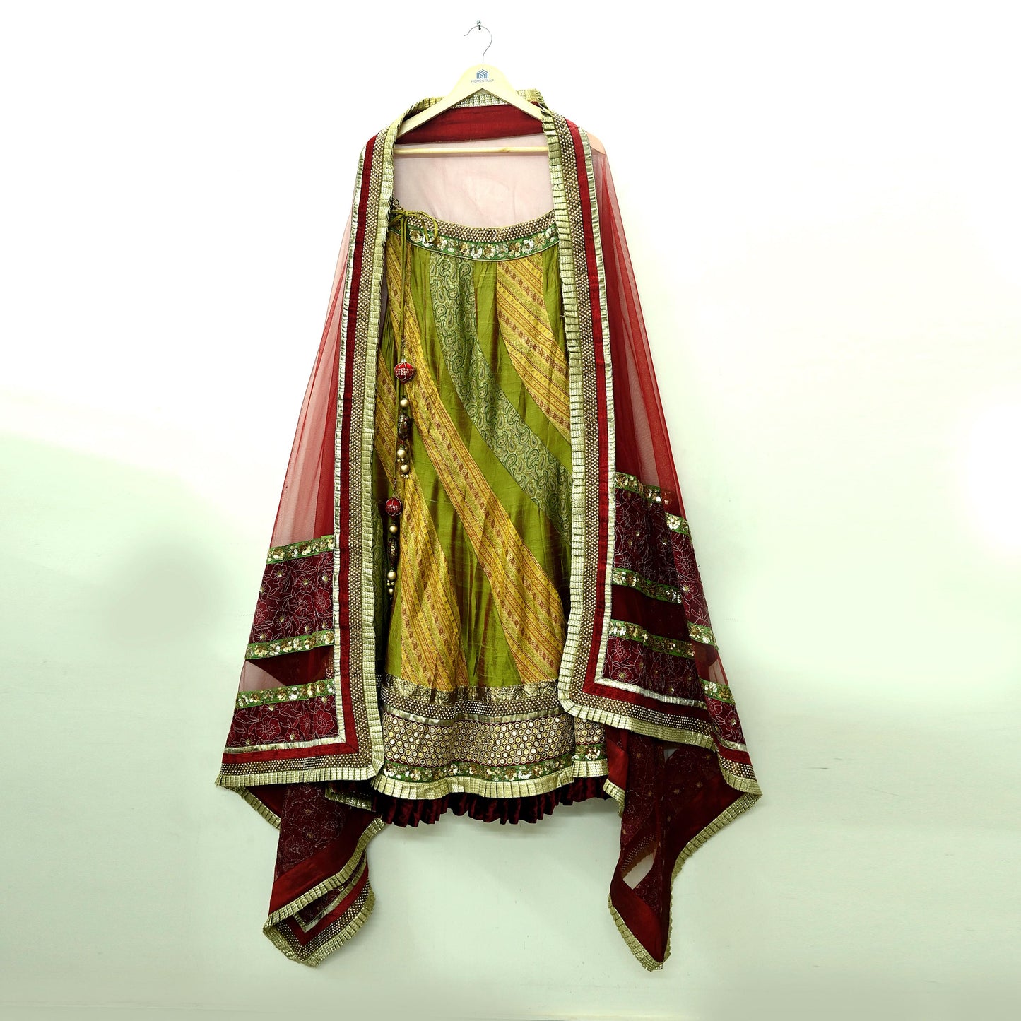 Indian Vintage Multi Pure Chanderi Silk Net/Mesh Hand Embroidered Brocade Lehenga/Dupatta 2pcs Set Bridal Party Wear Bollywood Lehenga