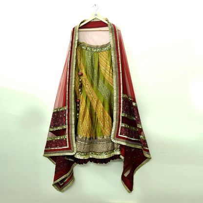 Indian Vintage Multi Pure Chanderi Silk Net/Mesh Hand Embroidered Brocade Lehenga/Dupatta 2pcs Set Bridal Party Wear Bollywood Lehenga