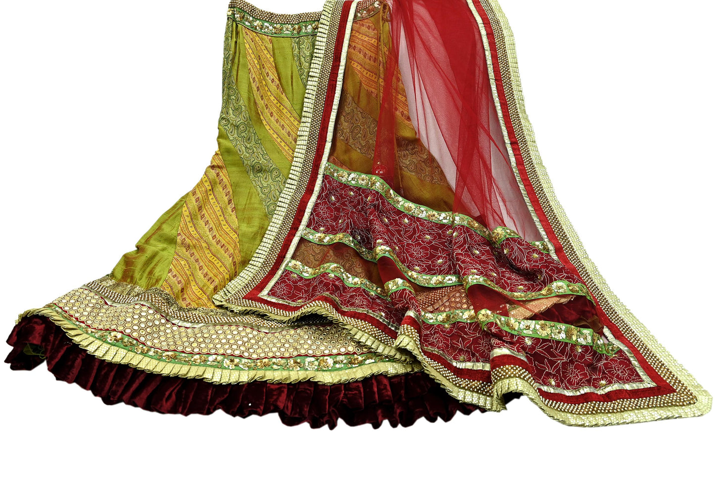 Indian Vintage Multi Pure Chanderi Silk Net/Mesh Hand Embroidered Brocade Lehenga/Dupatta 2pcs Set Bridal Party Wear Bollywood Lehenga