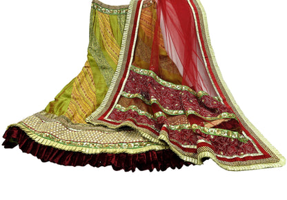 Indian Vintage Multi Pure Chanderi Silk Net/Mesh Hand Embroidered Brocade Lehenga/Dupatta 2pcs Set Bridal Party Wear Bollywood Lehenga