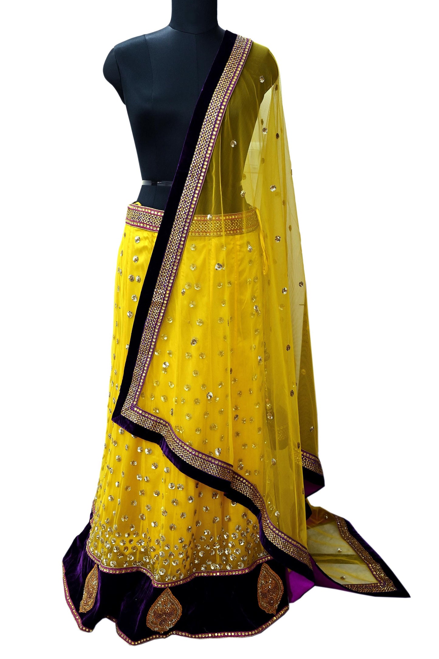 Indian Vintage Yellow Net/Mesh Hand Embroidered Lehenga/Dupatta 2pcs Set Bridal Party Wear Bollywood Lehenga Zardozi/ Dabka