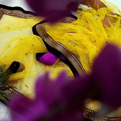 Indian Vintage Heavy Bridal Dupatta Yellow Net Mesh Long Stole Hand Embroidered Scarves Wedding/Party Wear