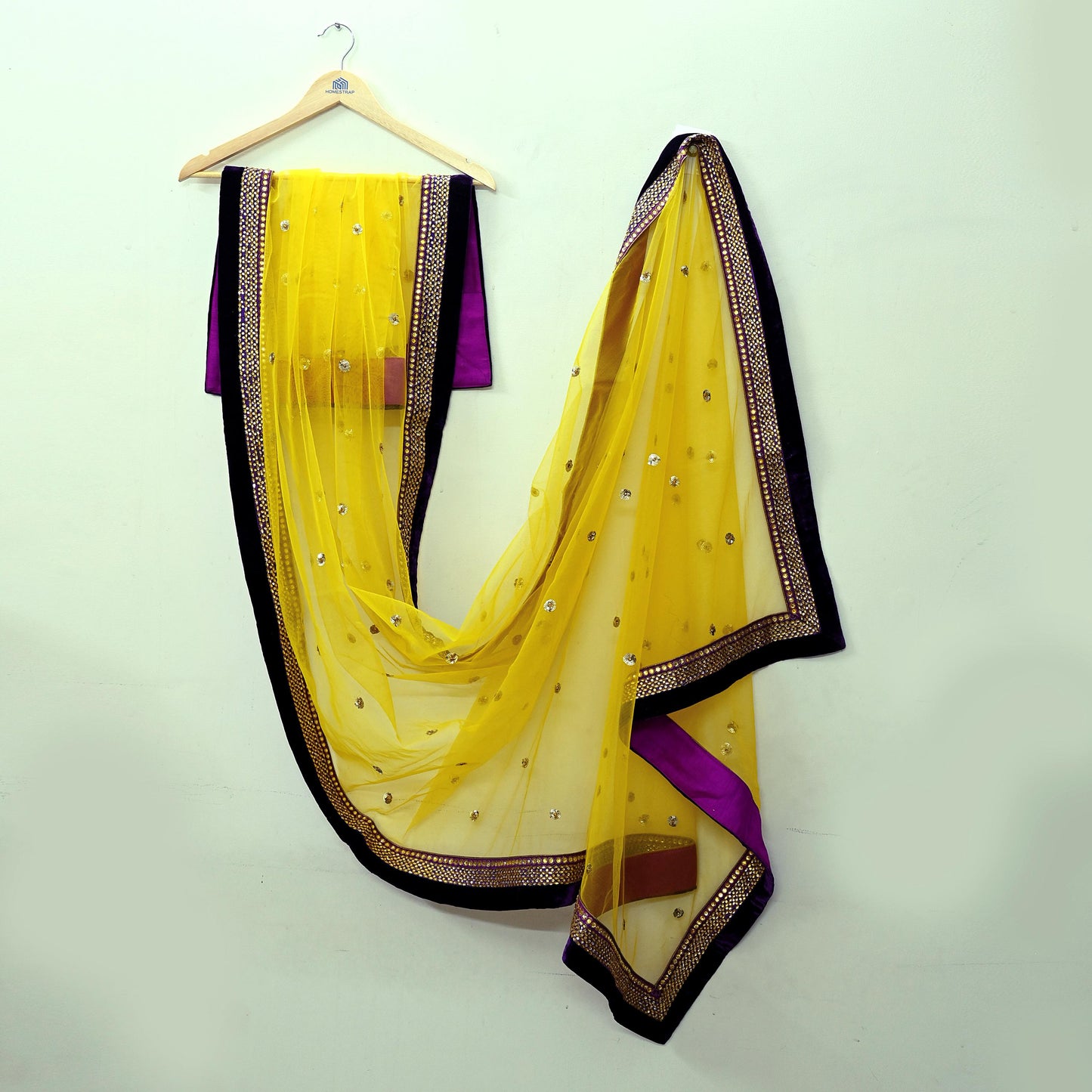 Indian Vintage Heavy Bridal Dupatta Yellow Net Mesh Long Stole Hand Embroidered Scarves Wedding/Party Wear