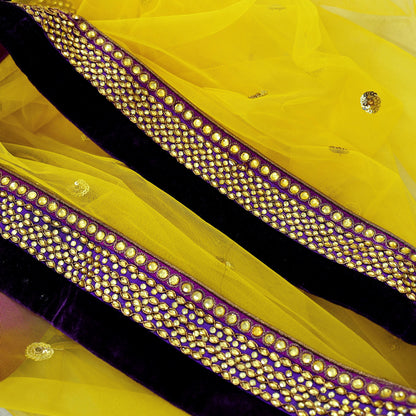 Indian Vintage Heavy Bridal Dupatta Yellow Net Mesh Long Stole Hand Embroidered Scarves Wedding/Party Wear