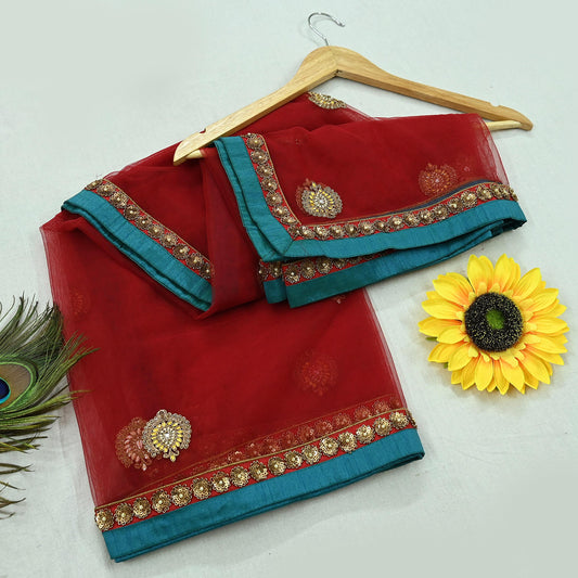 Indian Vintage Heavy Bridal Dupatta Maroon Net Mesh Long Stole Hand Embroidered Scarves  Patti Wedding/Party Wear