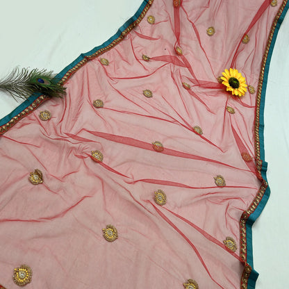 Indian Vintage Heavy Bridal Dupatta Maroon Net Mesh Long Stole Hand Embroidered Scarves  Patti Wedding/Party Wear