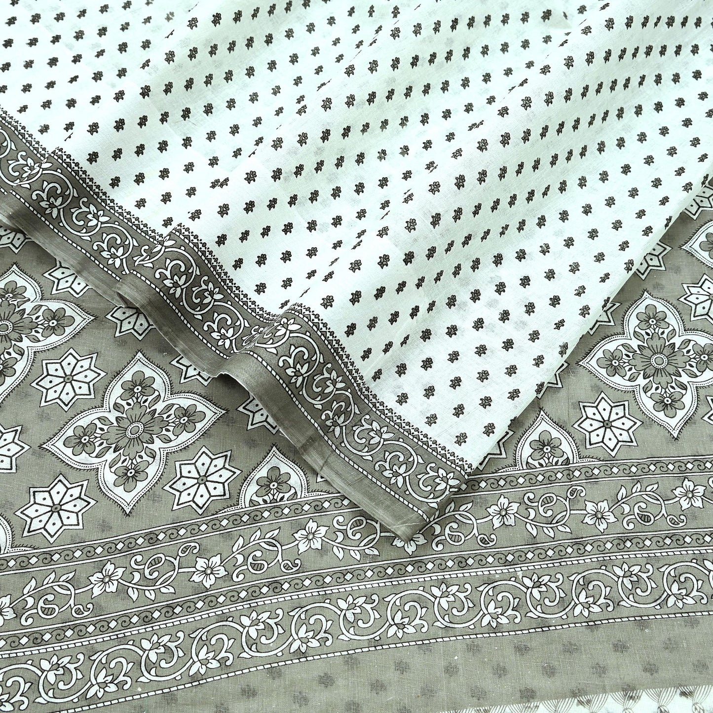 Indian Vintage White & Gray Printed Pure Cotton Saree | 5 Yards | Fabric for Sewing, Crafting, Quilting, Upcycling, Dressmaking, Boho