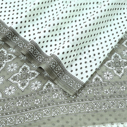 Indian Vintage White & Gray Printed Pure Cotton Saree | 5 Yards | Fabric for Sewing, Crafting, Quilting, Upcycling, Dressmaking, Boho