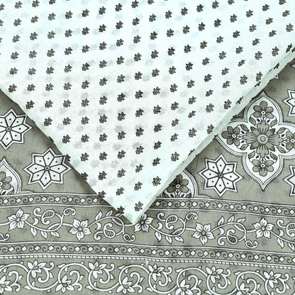 Indian Vintage White & Gray Printed Pure Cotton Saree | 5 Yards | Fabric for Sewing, Crafting, Quilting, Upcycling, Dressmaking, Boho