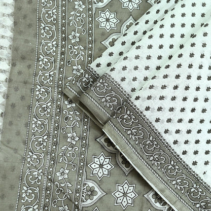 Indian Vintage White & Gray Printed Pure Cotton Saree | 5 Yards | Fabric for Sewing, Crafting, Quilting, Upcycling, Dressmaking, Boho