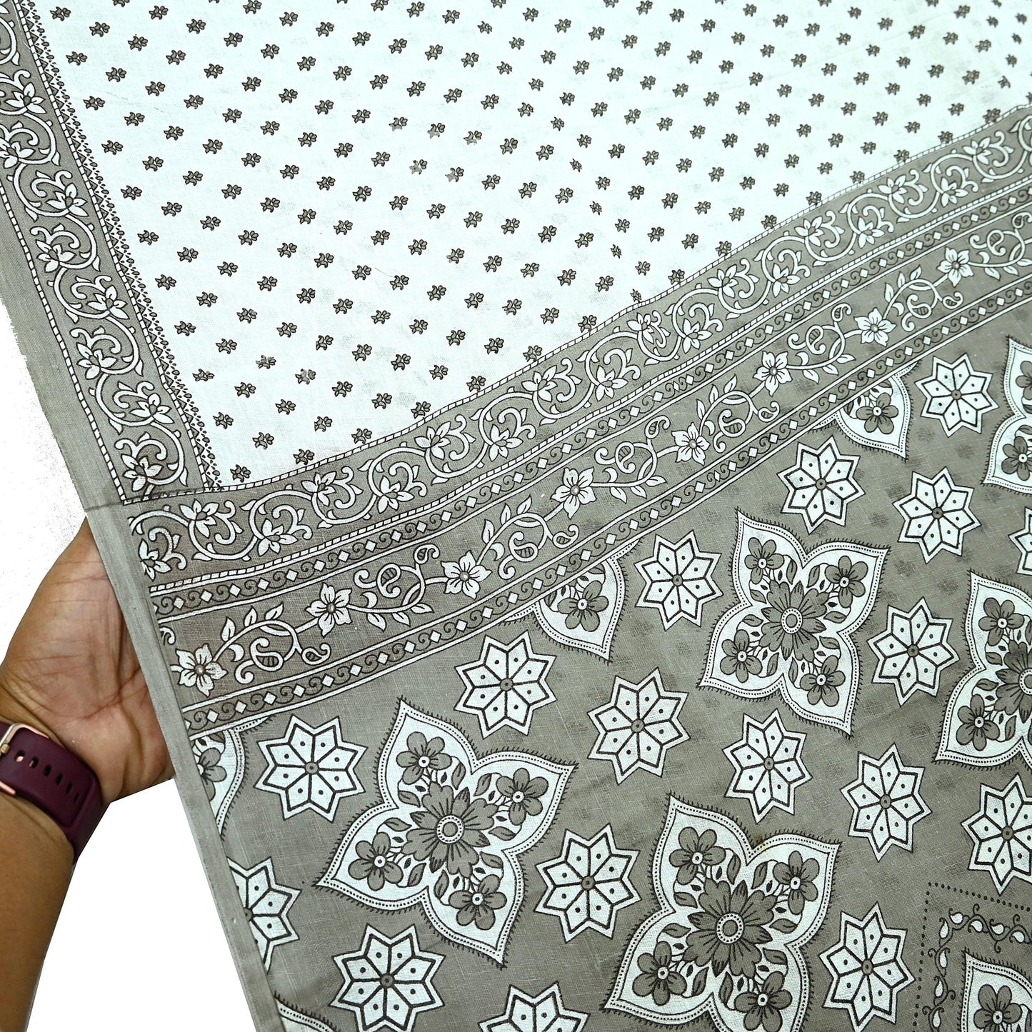 Indian Vintage White & Gray Printed Pure Cotton Saree | 5 Yards | Fabric for Sewing, Crafting, Quilting, Upcycling, Dressmaking, Boho
