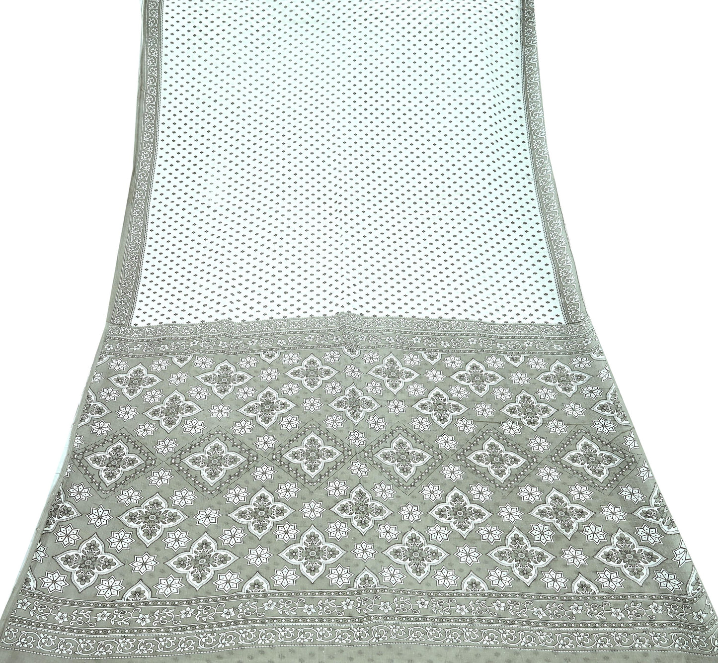 Indian Vintage White & Gray Printed Pure Cotton Saree | 5 Yards | Fabric for Sewing, Crafting, Quilting, Upcycling, Dressmaking, Boho