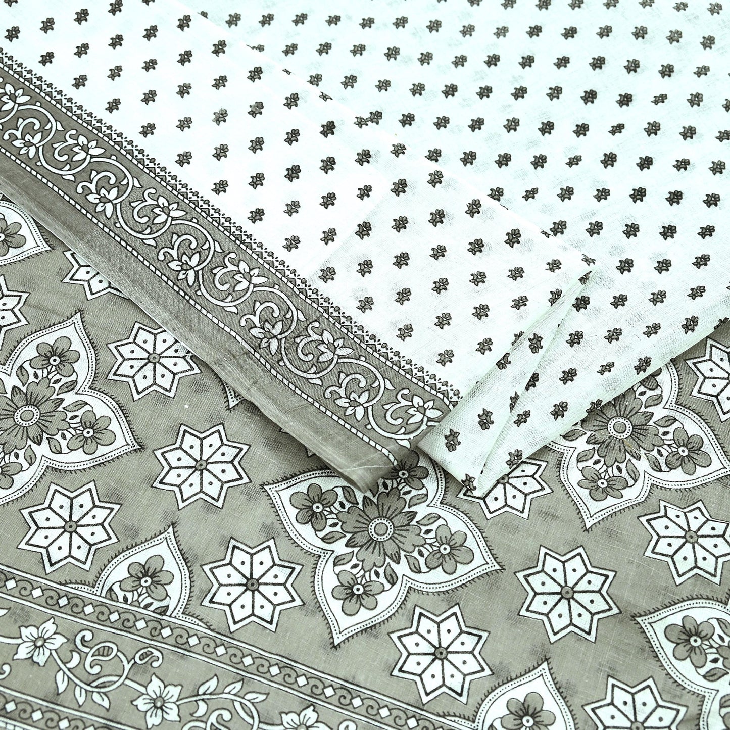 Indian Vintage White & Gray Printed Pure Cotton Saree | 5 Yards | Fabric for Sewing, Crafting, Quilting, Upcycling, Dressmaking, Boho